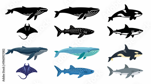 A comprehensive collection of diverse ocean creatures, featuring whales, sharks, orcas, and manta rays in various artistic styles, perfect for marine education and wildlife design projects
