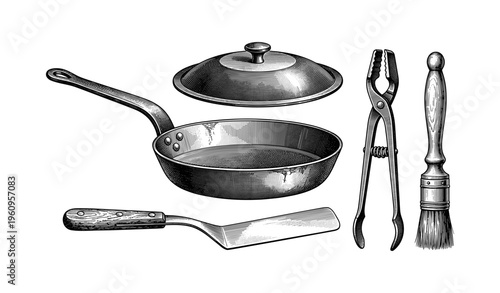 Vintage kitchenware illustration with pan, lid, tongs, spatula, brush