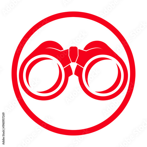 Vector of red binoculars inside a circular frame, symbolizing observation and exploration.