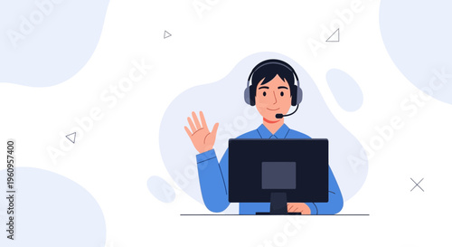 Customer service agent with headset waving hello at computer screen, online support concept