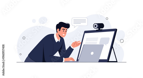 Man in suit on video call, online meeting, remote work, business communication
