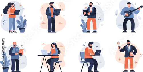 Stylized figures engage in various modern activities, working, and leisure pursuits