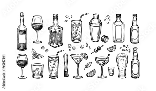 Hand-drawn alcoholic beverages and glasses collection with cocktails and bottles