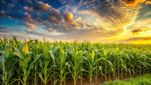 Golden Hour in a Lush Cornfield Vibrant Green Stalks Basking in the Warm Glow of a Sunset