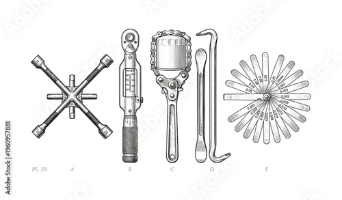 Vintage mechanical tools collection with wrench and feeler gauge illustration