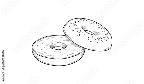 Hand-drawn bagel pair with sesame seeds on white background