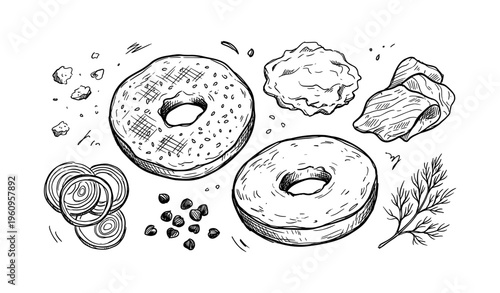 Hand-drawn bagel illustration with cream cheese, salmon, capers, onion, and dill