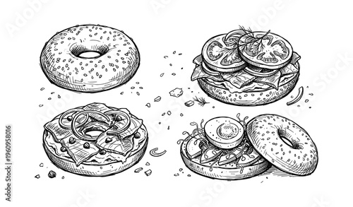 Sketch of bagels with toppings: tomato, cheese, onion, seeds