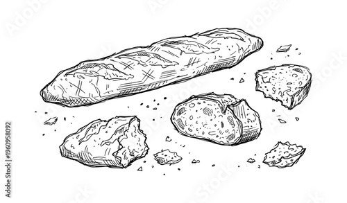 Hand-drawn baguette with broken pieces and crumbs in black and white sketch style