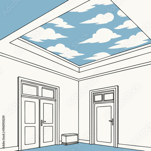 A room with a blue sky and clouds on the ceiling
