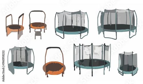 Playful hand drawn trampoline collection with fitness and outdoor bouncing equipment isolated on white background