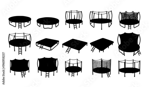 Hand drawn trampoline vector set with backyard and fitness trampoline designs in doodle style isolated on white background