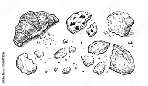 Hand-drawn croissant and cookies with crumbs in black and white sketch style