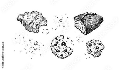 Hand-drawn baked goods with croissant, bread, cookie, and muffin sketch
