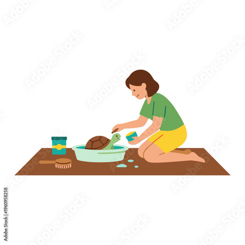 A woman is kneeling on a mat washing a dog in a bowl with water and soap.