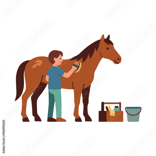 Man grooming brown horse with brush next to tools and bucket outside