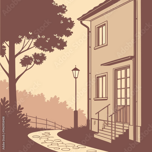 A house with a stone path and a tree