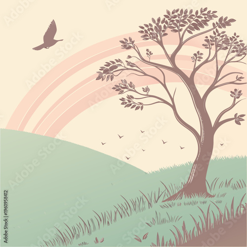 A tree on a hill with a rainbow in the background