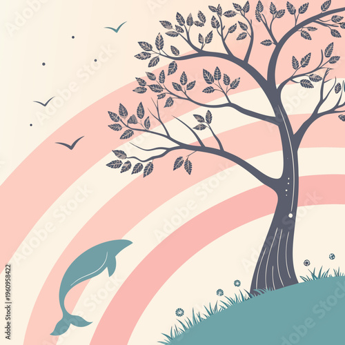 A tree with a dolphin and a rainbow in the background