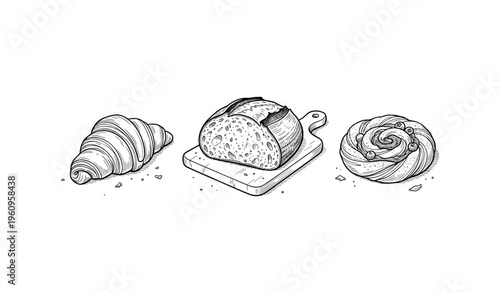 Hand-drawn illustration of croissant, sourdough bread, and rolled pastry