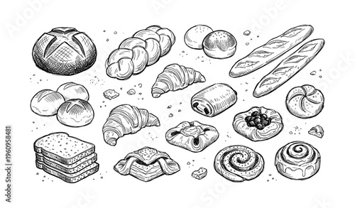 Hand-drawn variety of baked goods including bread, croissants, and pastries