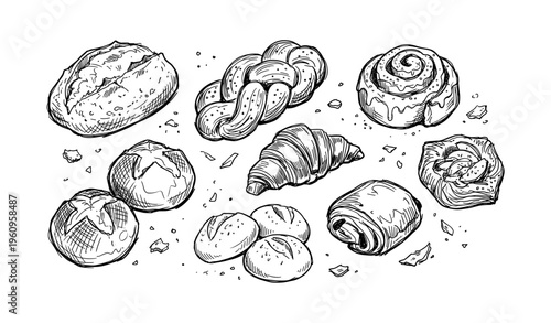 Assorted hand-drawn baked goods featuring bread, rolls, pastries, and croissant