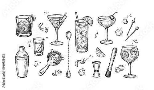 Hand-drawn cocktail set with glasses and bar tools on white background