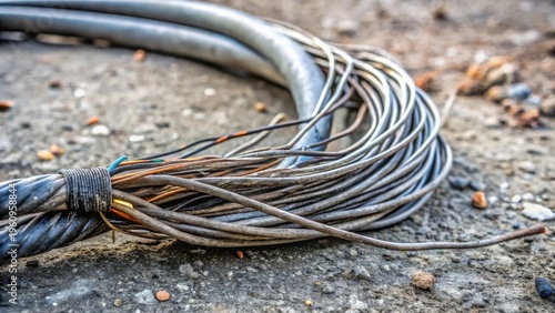 Close-up view of weathered electrical cables and wires bundled together on a rough surface