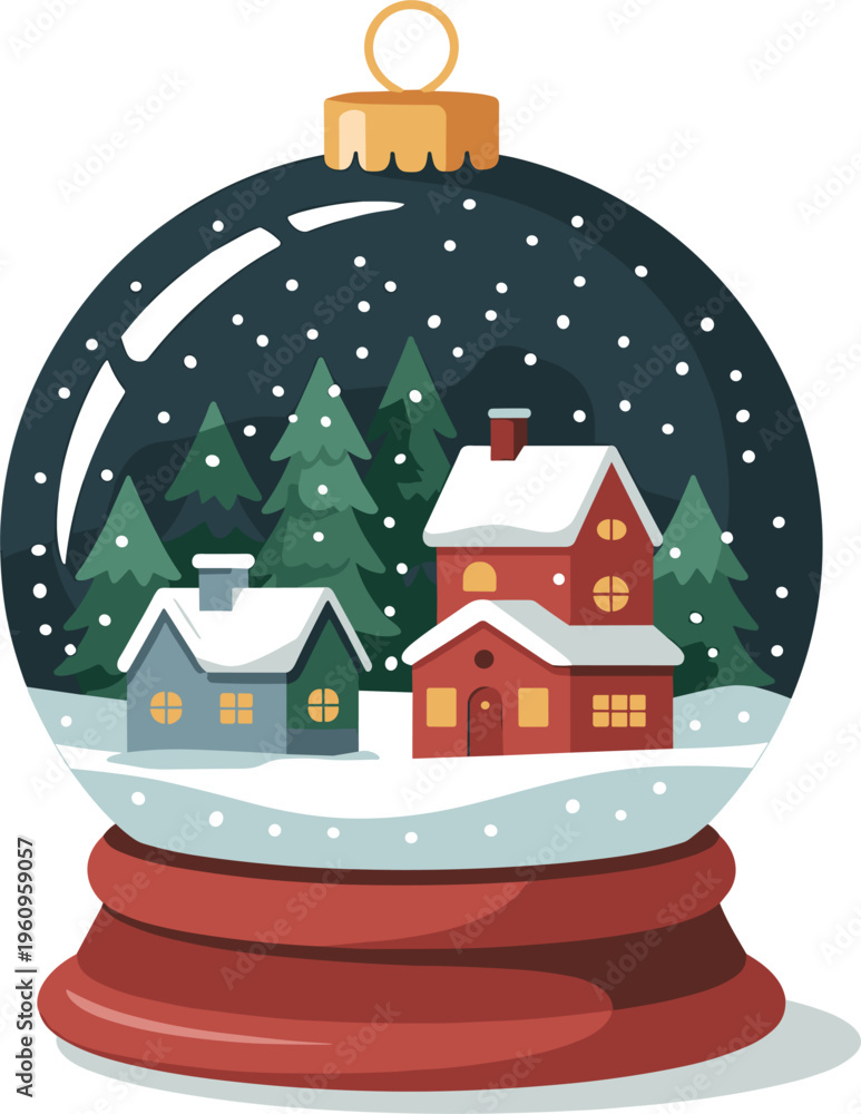 Obraz premium Snow Globe Scene with Houses and Pine Trees Cozy Winter Village Illustration Flat Design Style