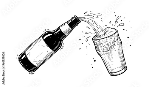 Hand-drawn illustration of beer bottle pouring into glass with splashes