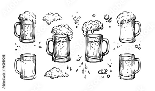 Hand-drawn beer mugs with foam and bubbles on white background