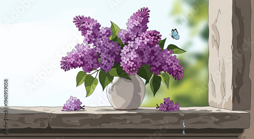 Lilac flowers in a vase on a windowsill with butterfly nearby  
