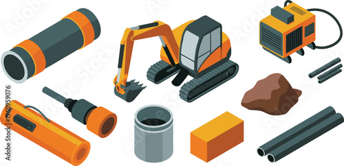 Isometric construction equipment and pipeline tools set, excavator pipes generator industrial machinery building materials maintenance repair vector illustration collection