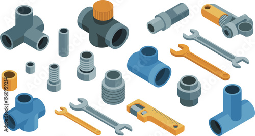 Isometric plumbing tools and pipe fittings set, industrial hardware connectors valves wrenches maintenance repair equipment vector illustration collection
