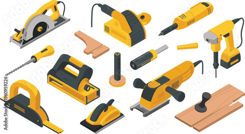 Isometric power tools woodworking equipment set, electric saw drill sander cutter carpentry workshop maintenance repair vector illustration collection