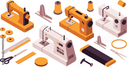 Isometric sewing machines and tailoring tools set, needle thread fabric equipment fashion workshop crafting repair vector illustration collection
