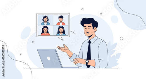Man in video conference call with colleagues on laptop screen, remote work concept