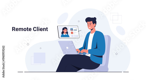 Remote client meeting via video call on laptop, man working from home