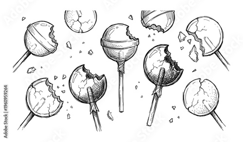 Hand-drawn sketch of broken lollipops with cracks and shattered pieces on white background