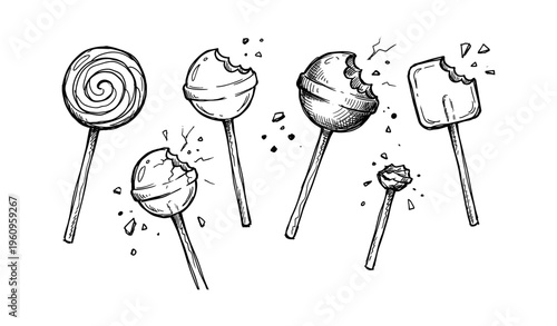 Hand-drawn assorted lollipops with bites and cracks on sticks