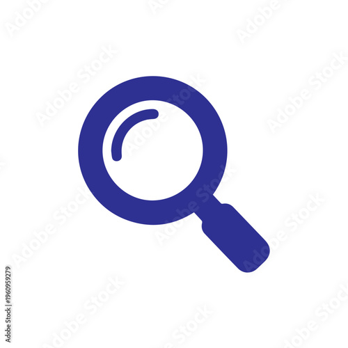 Magnifying glass icon in a dark blue hue signifies the fundamental actions of searching, identifying, and scrutinizing content within digital applications and online resources.