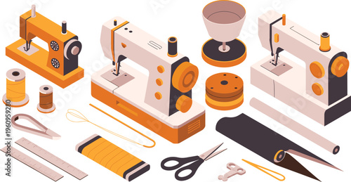 Isometric sewing machines and tailoring tools set, thread fabric equipment fashion workshop stitching repair vector illustration collection design