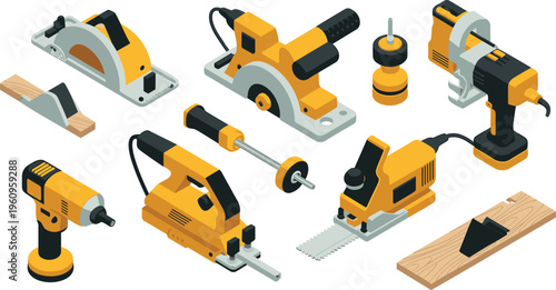 Isometric woodworking power tools collection, electric saw drill jigsaw sander carpentry equipment workshop maintenance repair vector illustration set