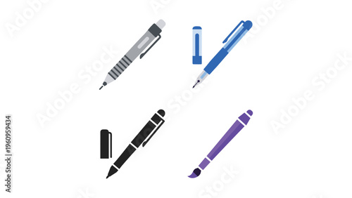 Assorted writing instruments displayed against a plain background