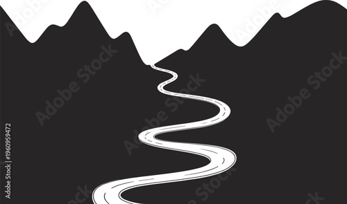 Vector illustration of winding road through mountainous landscape with jagged peaks, curved highway perspective, adventure journey exploration concept