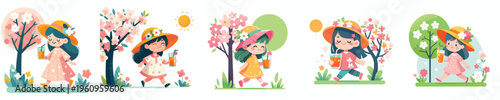 vector of a little girl walking and drinking orange ice in spring atmosphere