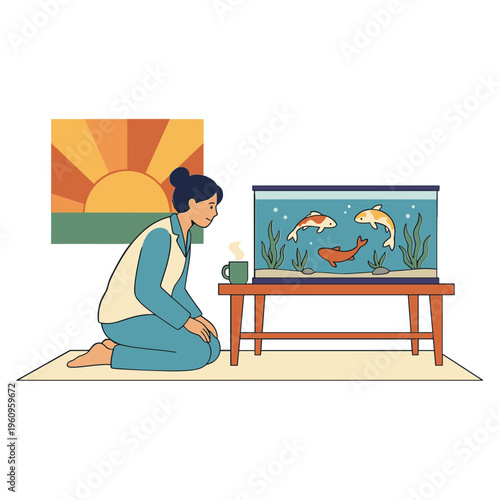 Woman sits on floor watching fish swim in aquarium on wooden table