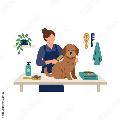 Woman grooming dog on table with brush and shampoo in salon