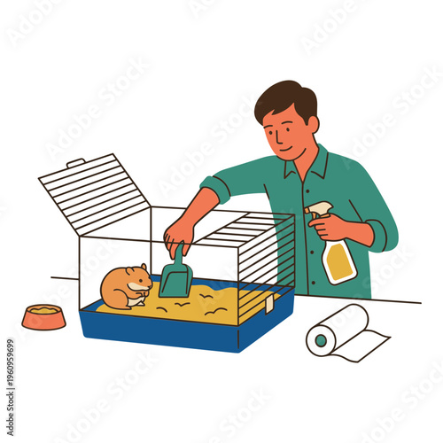 Man cleaning cat litter box with shovel and spray