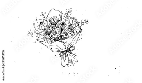 Hand-drawn flower bouquet with roses and daisies wrapped in paper